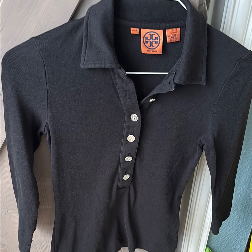 Tory Burch Black Button-Up Polo